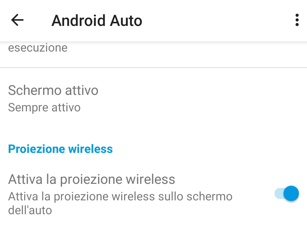Attivazione funzione Proiezione Wireless nel menu di configurazione di Android Auto