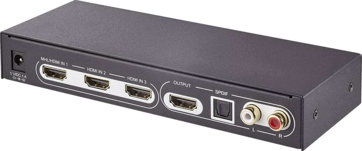 Switch HDMI Speaka con “estrattore” audio digitale (S/PDIF) e analogico (Cinch stereo)
