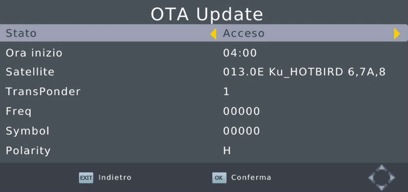 Schermata di aggiornamento firmware via OTA su decoder Sat