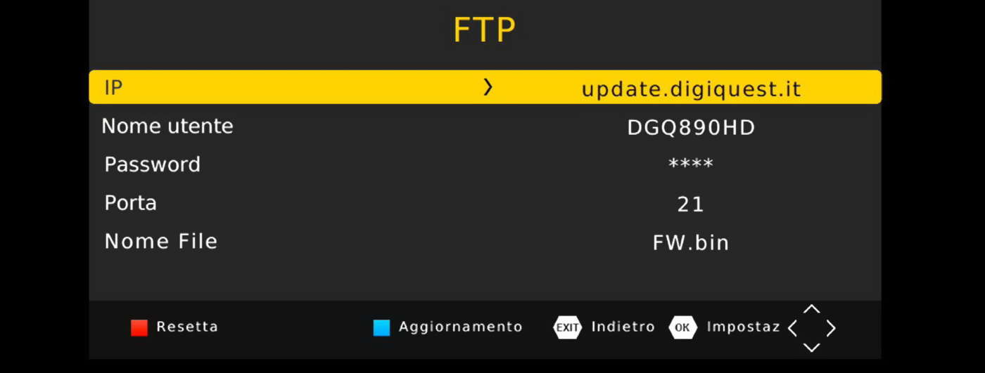 Schermata di aggiornamento firmware via FTP con decoder DTT Digiquest