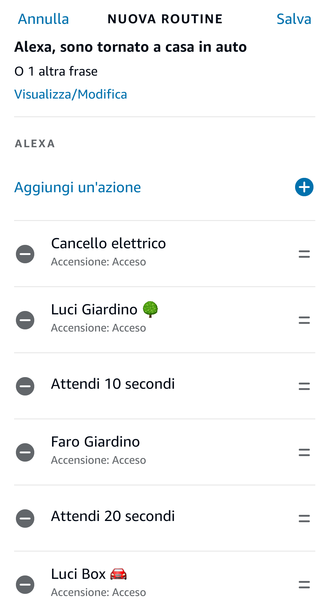 Schermata di configurazione della routine nella app Alexa