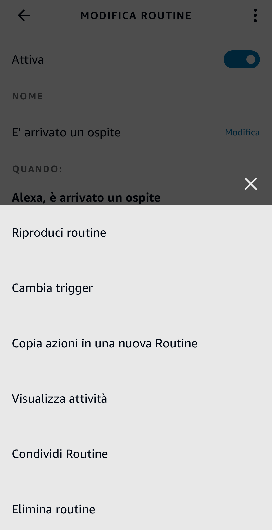 Opzioni delle routine nella app Alexa