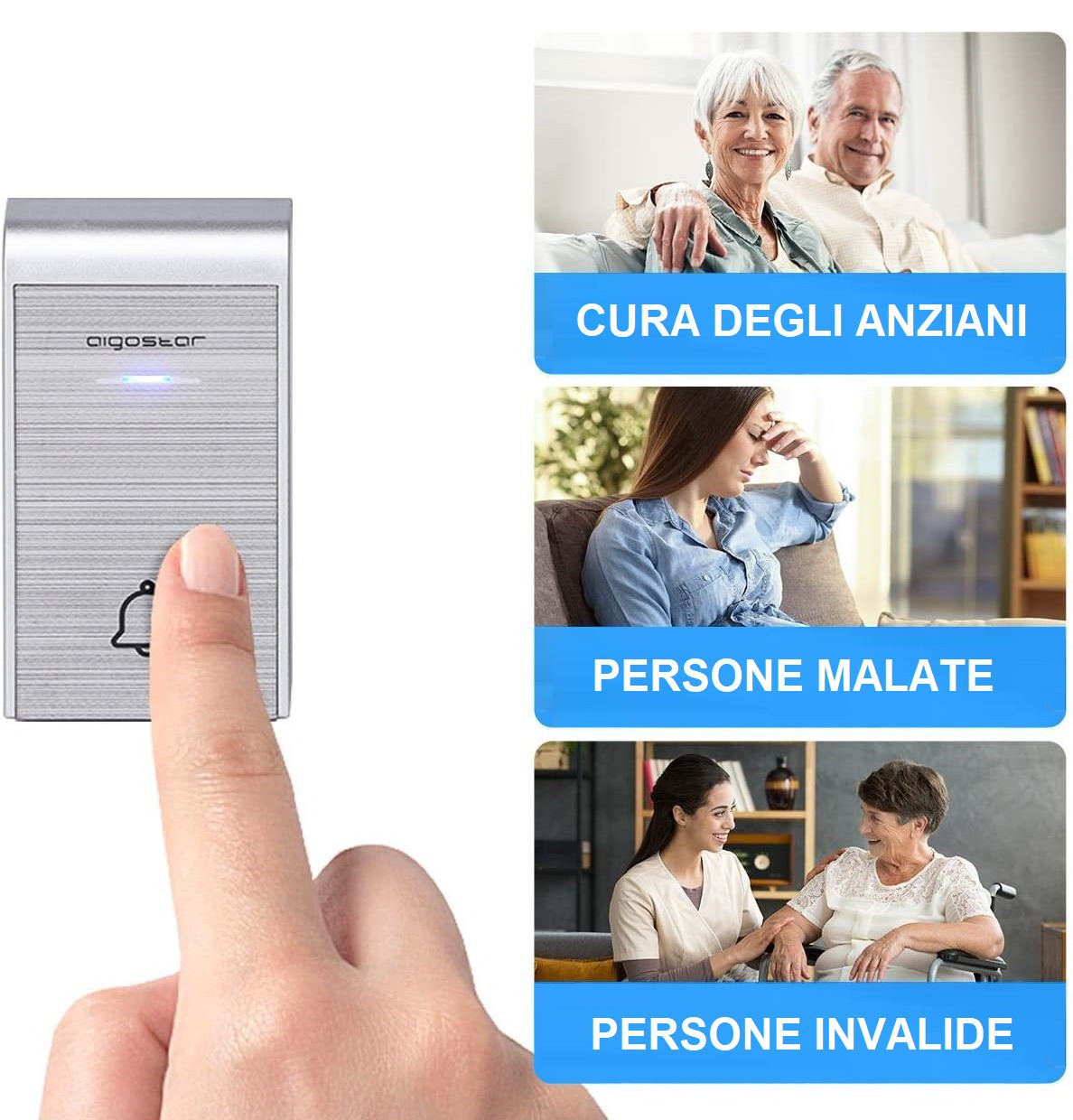 Campanello wireless installato in casa per la cura di anziani, disabili e persone malate (elaborazione 01smartlife su immagine Aigostar)