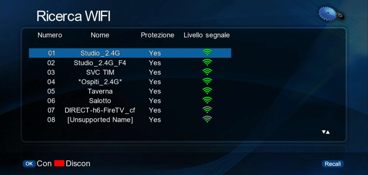 Schermata di ricerca reti Wi-Fi su decoder