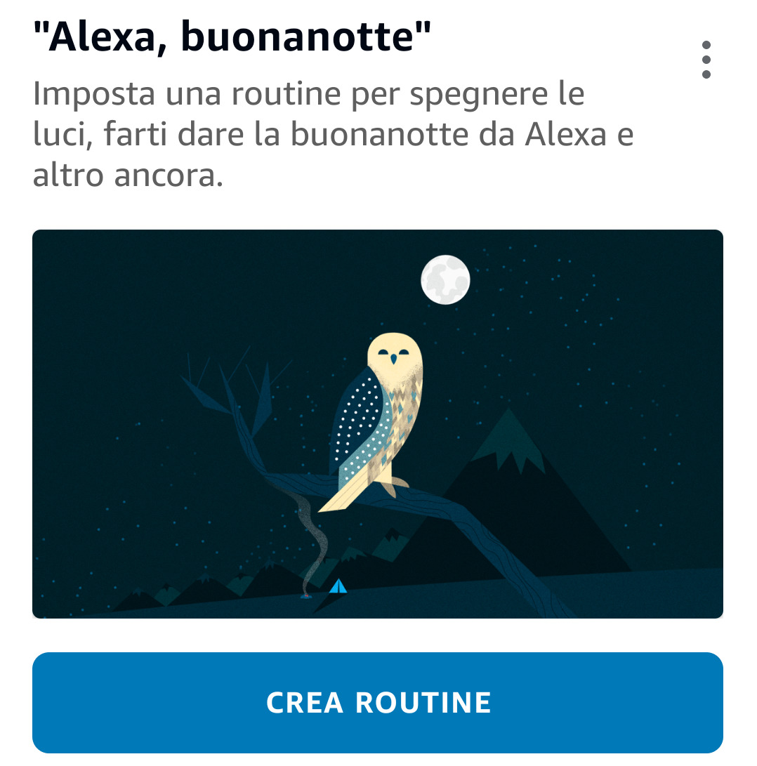 Schermata Routine nel menu suggerimenti della app Alexa