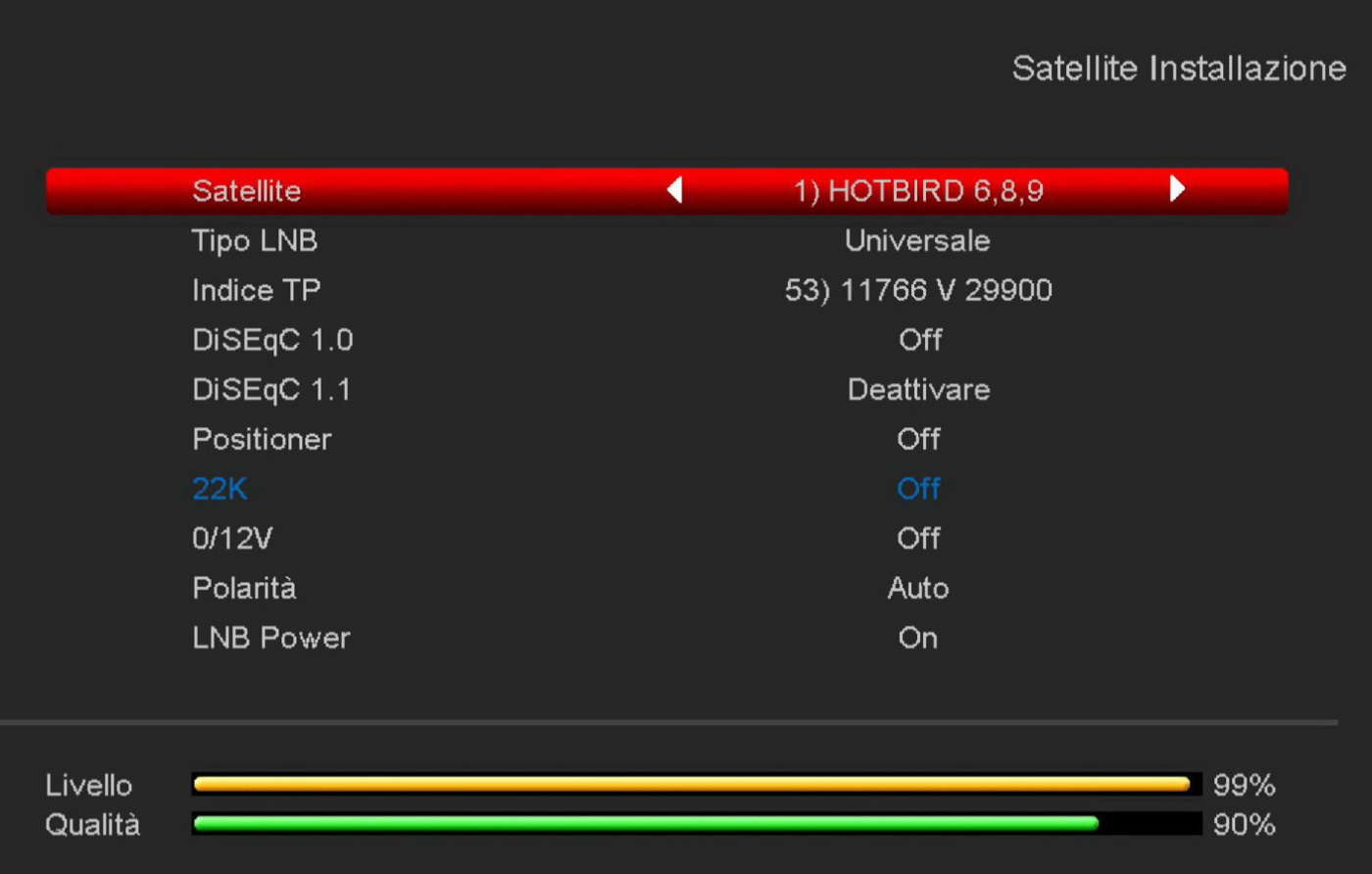 Schermata OSD Tv/decoder per la configurazione della parabola